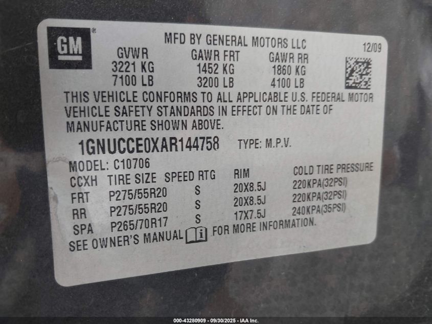 2010 Chevrolet Tahoe Ltz VIN: 1GNUCCE0XAR144758 Lot: 43280909