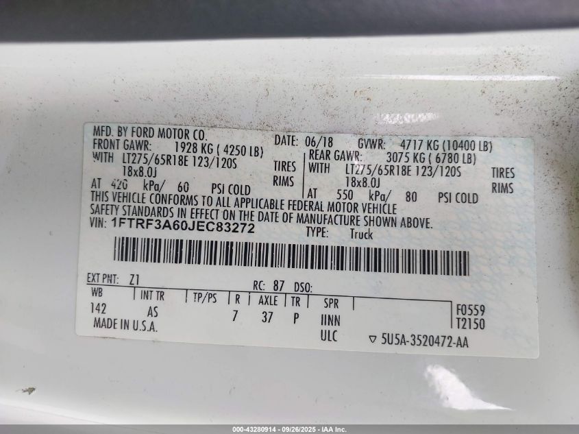 2018 Ford F-350 Xl VIN: 1FTRF3A60JEC83272 Lot: 43280914