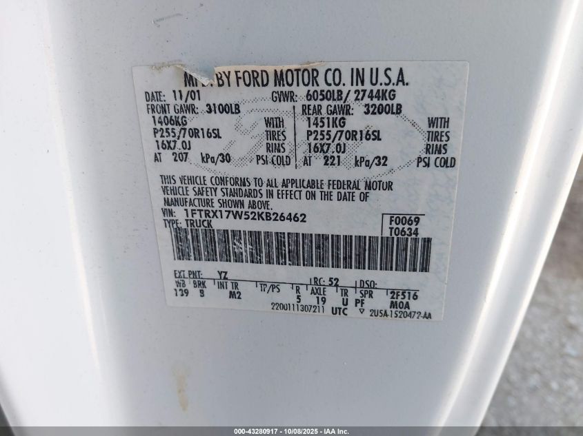 2002 Ford F-150 Lariat/Xl/Xlt VIN: 1FTRX17W52KB26462 Lot: 43280917