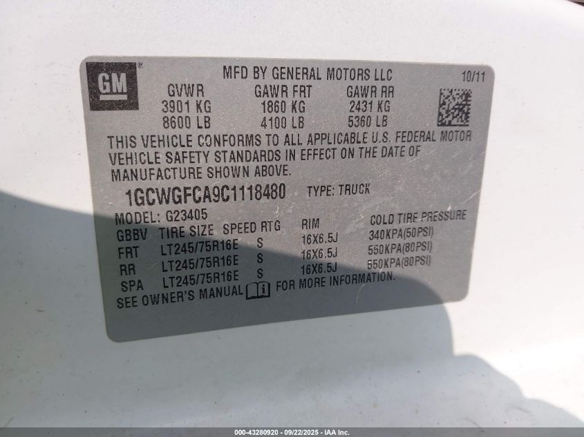 2012 Chevrolet Express 2500 Work Van VIN: 1GCWGFCA9C1118480 Lot: 43280920