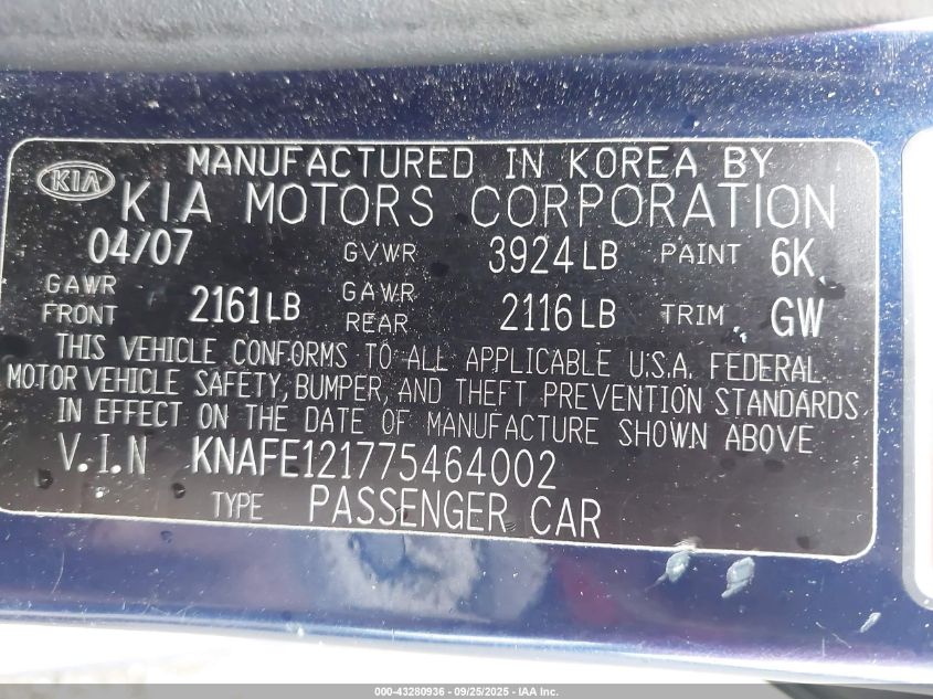 2007 Kia Spectra Ex VIN: KNAFE121775464002 Lot: 43280936