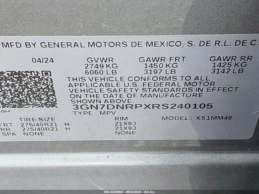 2024 Chevrolet Equinox Ev Rs VIN: 3GN7DNRPXRS240105 Lot: 43280947