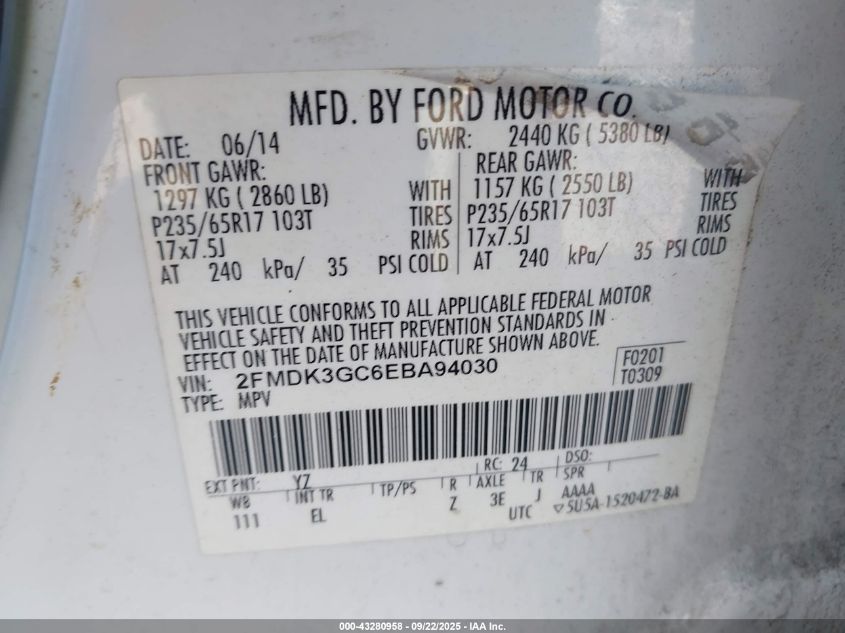 2014 Ford Edge Se VIN: 2FMDK3GC6EBA94030 Lot: 43280958