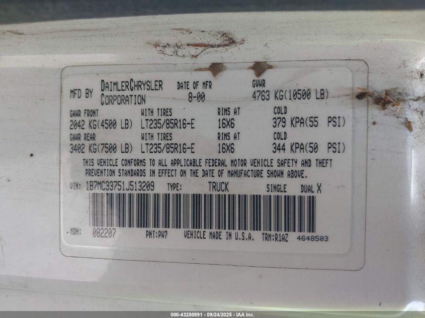 2001 Dodge Ram 3500 St VIN: 1B7MC33751J513209 Lot: 43280991
