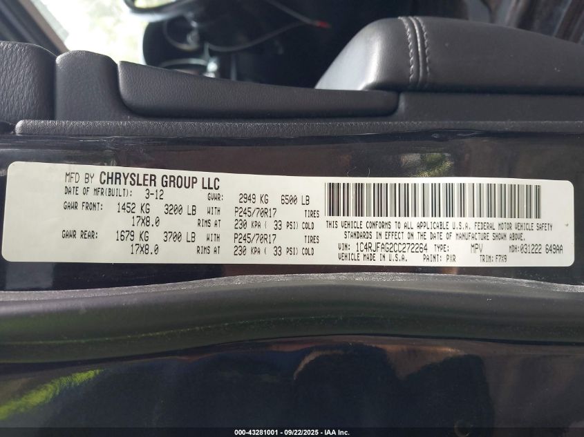 2012 Jeep Grand Cherokee Laredo VIN: 1C4RJFAG2CC272264 Lot: 43281001