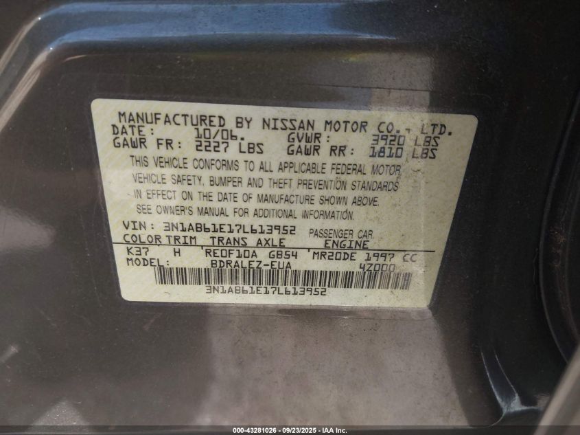 2007 Nissan Sentra 2.0S VIN: 3N1AB61E17L613952 Lot: 43281026