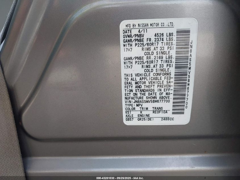 2011 Nissan Rogue Sv VIN: JN8AS5MV5BW677700 Lot: 43281030