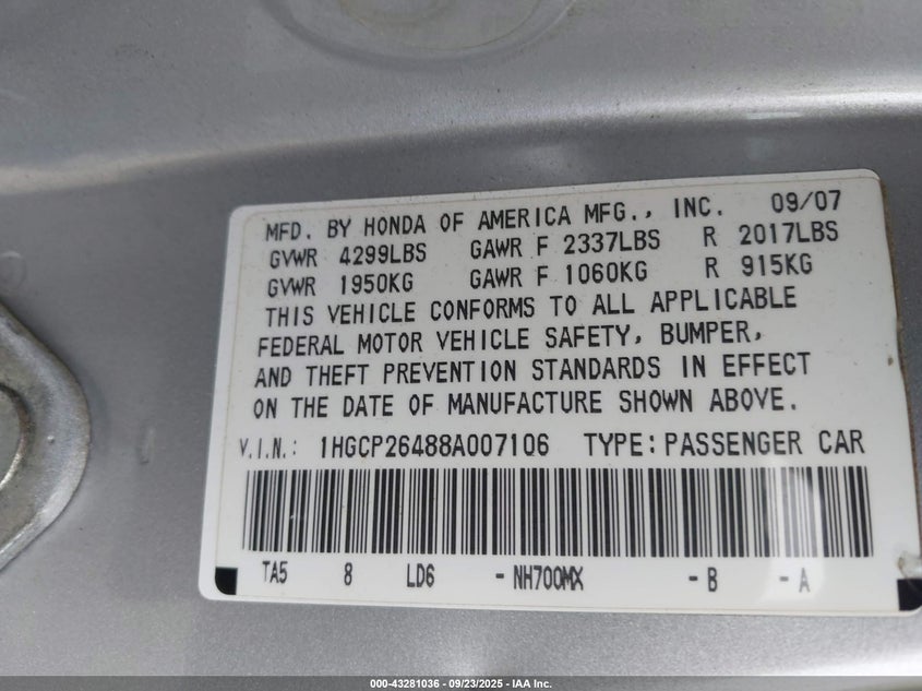 1HGCP26488A007106 2008 HONDA ACCORD photo no. 9
