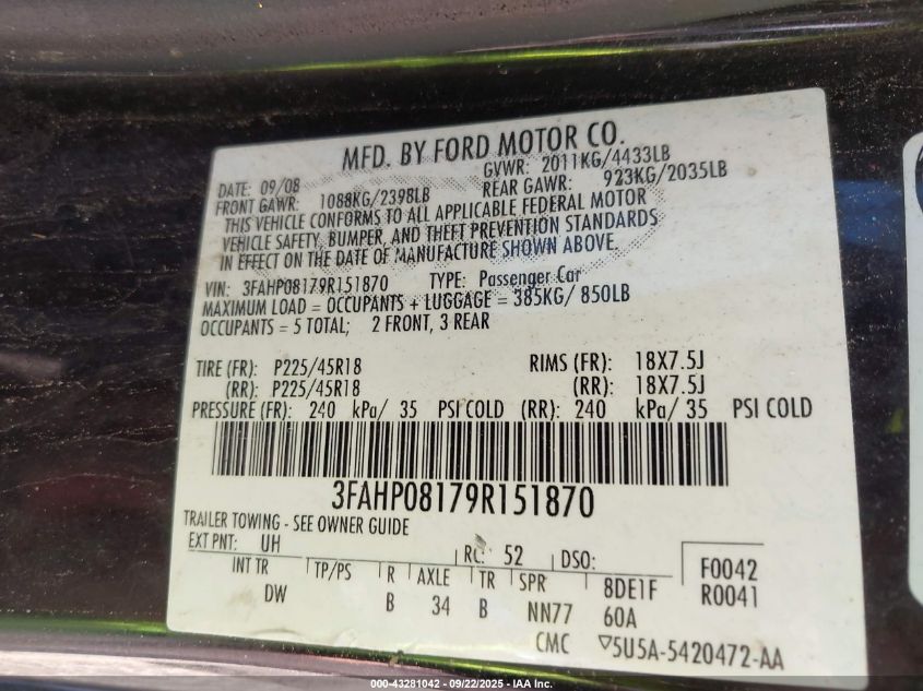 2009 Ford Fusion Sel VIN: 3FAHP08179R151870 Lot: 43281042