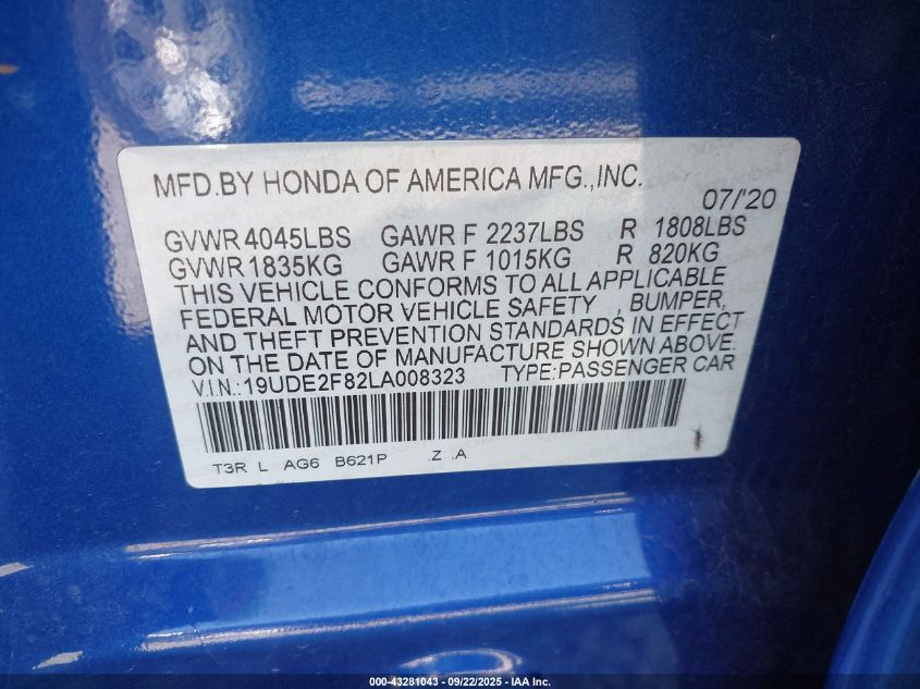 2020 Acura Ilx Premium A-Spec Packages/Technology A-Spec Packages VIN: 19UDE2F82LA008323 Lot: 43281043