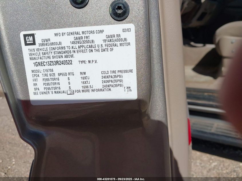 2003 Chevrolet Tahoe Ls VIN: 1GNEC13Z53R240522 Lot: 43281075