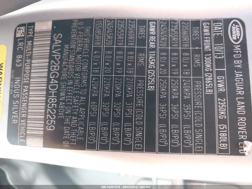 2013 Land Rover Range Rover Evoque Pure VIN: SALVP2BG4DH852259 Lot: 43281076