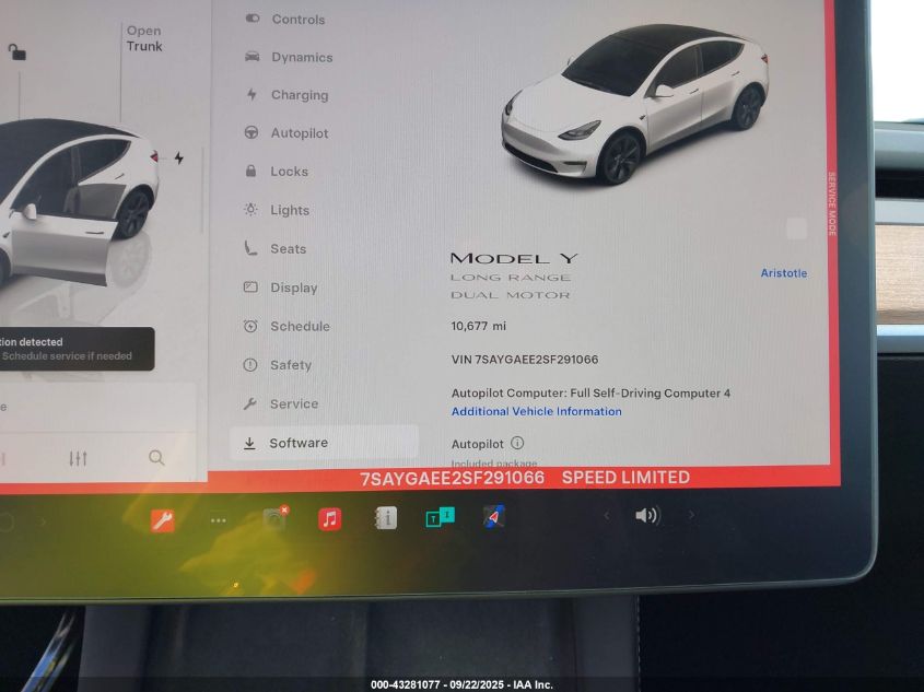 2025 Tesla Model Y Long Range Dual Motor All-Wheel Drive VIN: 7SAYGAEE2SF291066 Lot: 43281077