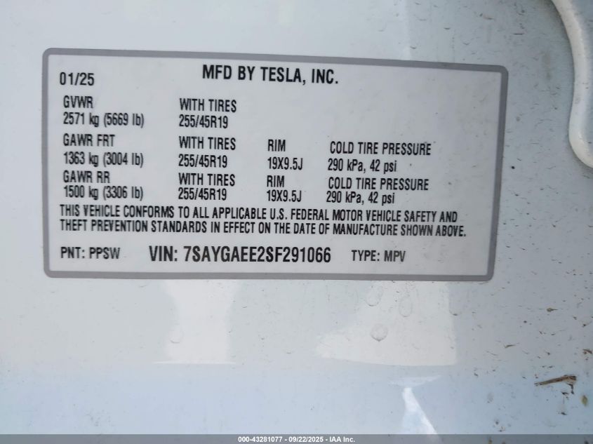 2025 Tesla Model Y Long Range Dual Motor All-Wheel Drive VIN: 7SAYGAEE2SF291066 Lot: 43281077