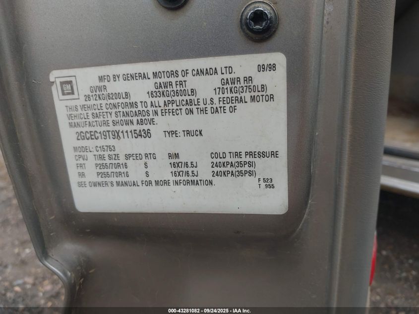 1999 Chevrolet Silverado 1500 Ls VIN: 2GCEC19T9X1115436 Lot: 43281082
