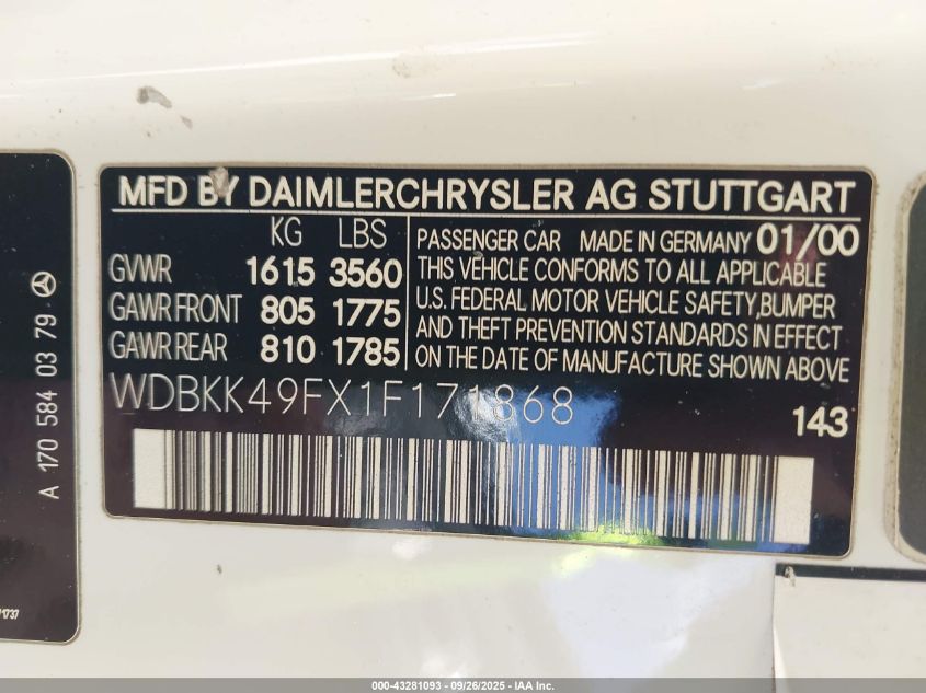 2001 Mercedes-Benz Slk 230 Kompressor VIN: WDBKK49FX1F171868 Lot: 43281093