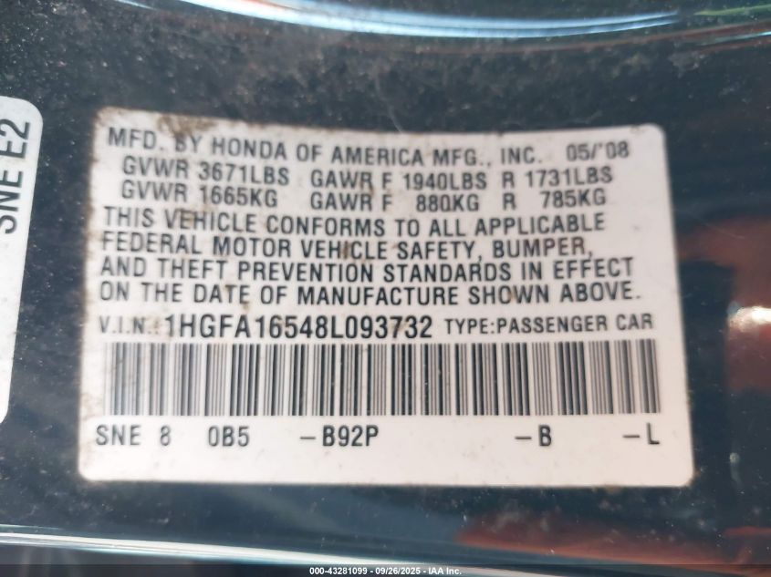2008 Honda Civic Lx VIN: 1HGFA16548L093732 Lot: 43281099