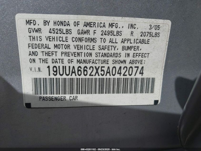 2005 Acura Tl VIN: 19UUA662X5A042074 Lot: 43281102