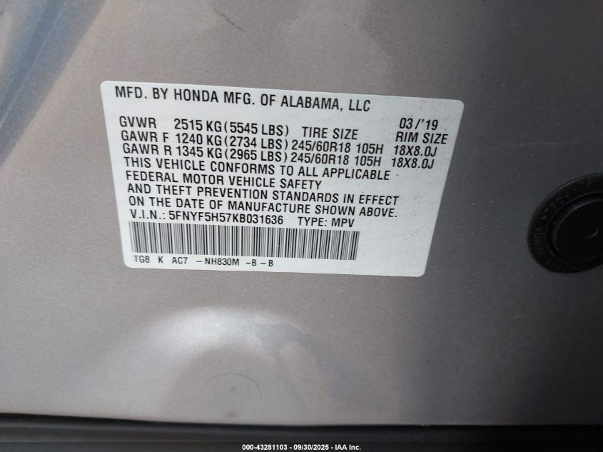 2019 Honda Pilot Ex-L VIN: 5FNYF5H57KB031636 Lot: 43281103