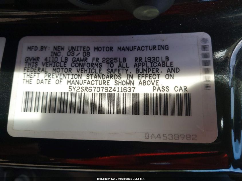 2009 Pontiac Vibe Gt VIN: 5Y2SR67079Z411637 Lot: 43281145