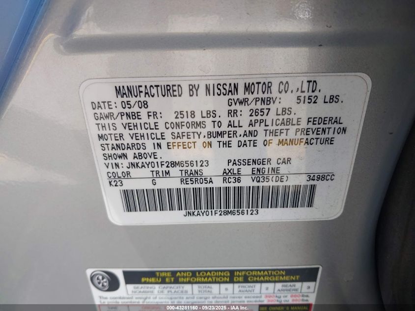 2008 Infiniti M35X VIN: JNKAY01F28M656123 Lot: 43281160