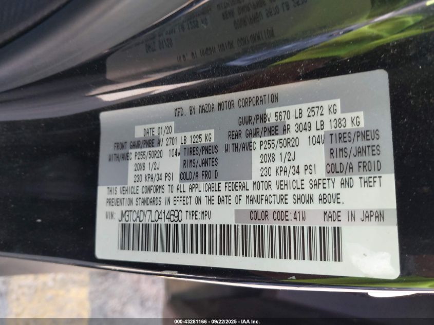 2020 Mazda Cx-9 Grand Touring VIN: JM3TCADY7L0414690 Lot: 43281166