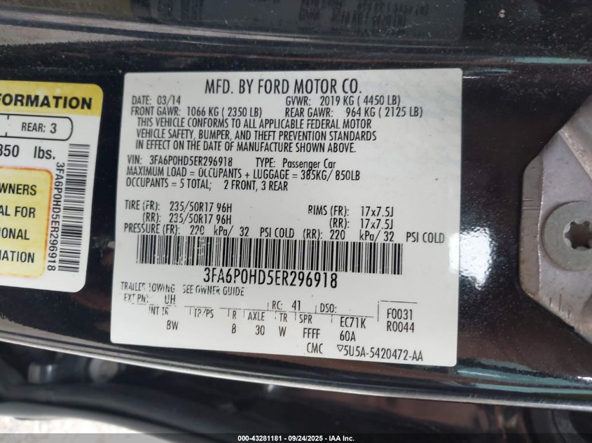 2014 Ford Fusion Se VIN: 3FA6P0HD5ER296918 Lot: 43281181