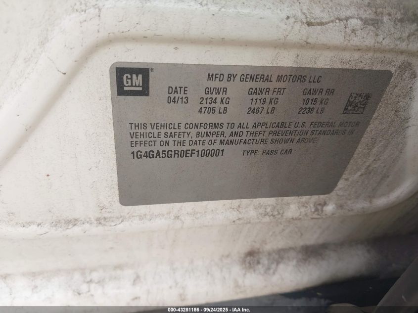 2014 Buick Lacrosse VIN: 1G4GA5GR0EF100001 Lot: 43281186