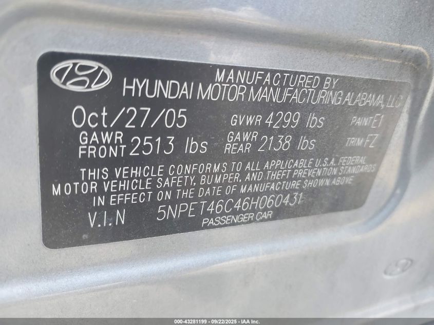 2006 Hyundai Sonata Gl VIN: 5NPET46C46H060431 Lot: 43281199