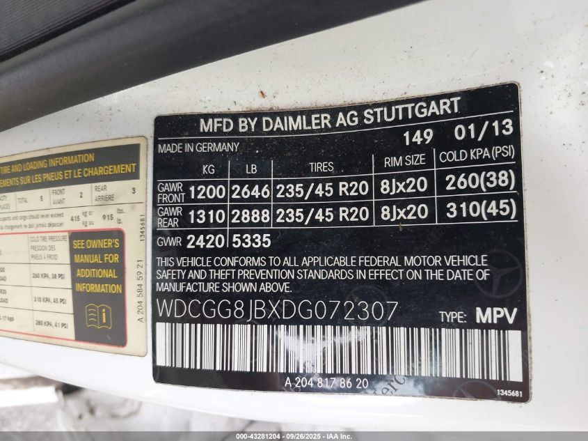 2013 Mercedes-Benz Glk 350 4Matic VIN: WDCGG8JBXDG072307 Lot: 43281204