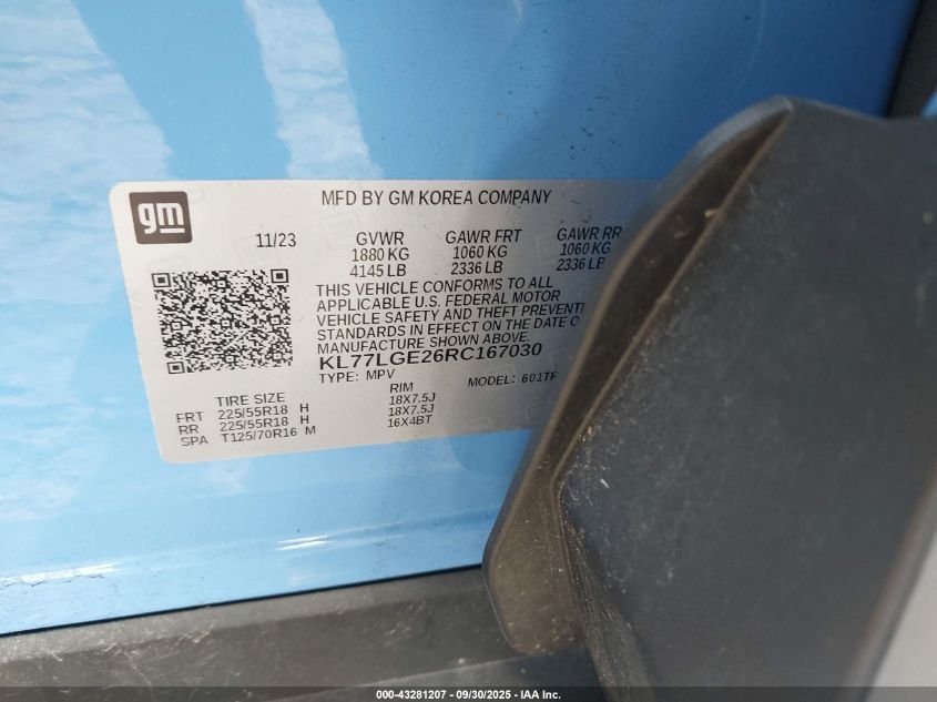 2024 Chevrolet Trax Fwd 1Rs VIN: KL77LGE26RC167030 Lot: 43281207