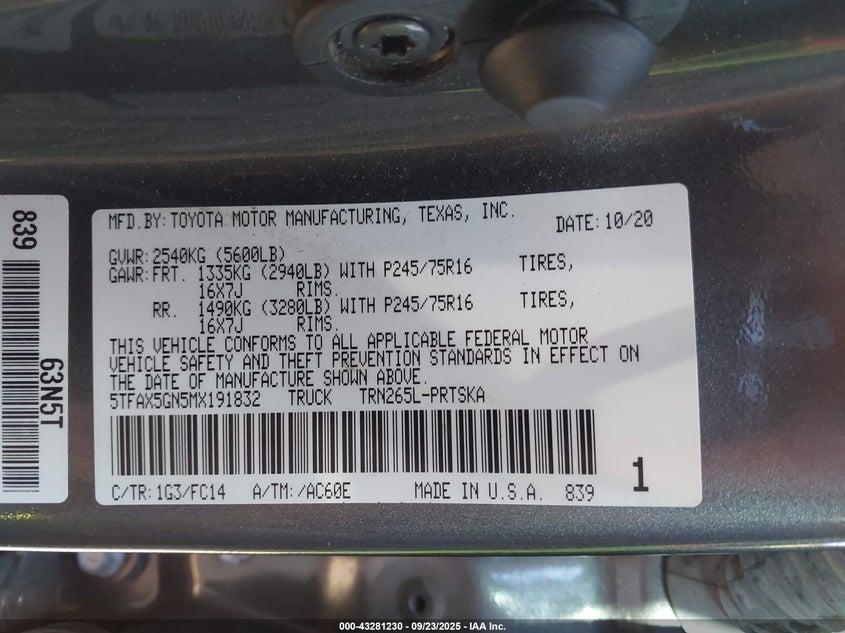2021 TOYOTA TACOMA SR5 - 5TFAX5GN5MX191832