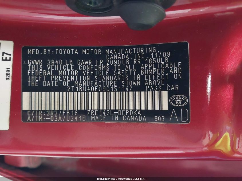 2009 Toyota Corolla Le VIN: 2T1BU40E09C151147 Lot: 43281232