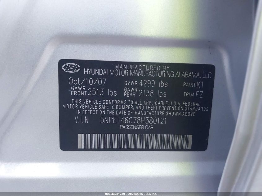 2008 Hyundai Sonata Gls VIN: 5NPET46C78H380121 Lot: 43281239
