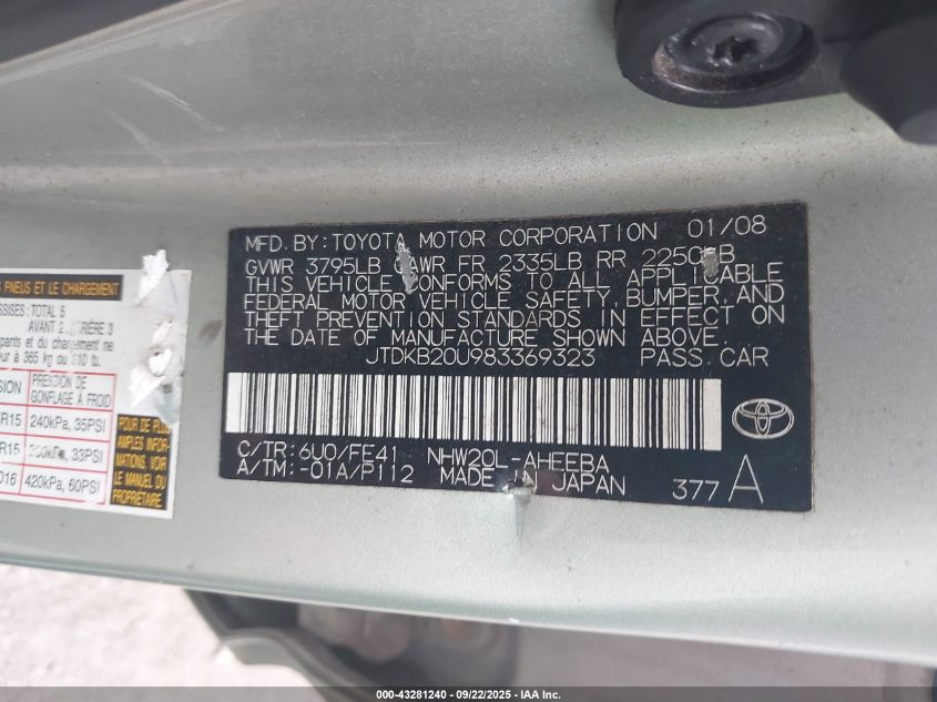 2008 Toyota Prius VIN: JTDKB20U983369323 Lot: 43281240