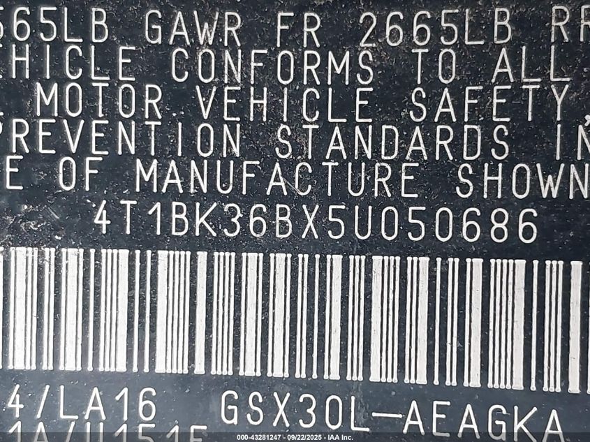 2005 Toyota Avalon Xls VIN: 4T1BK36BX5U050686 Lot: 43281247