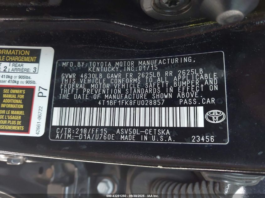 2015 Toyota Camry Se VIN: 4T1BF1FK8FU028857 Lot: 43281250