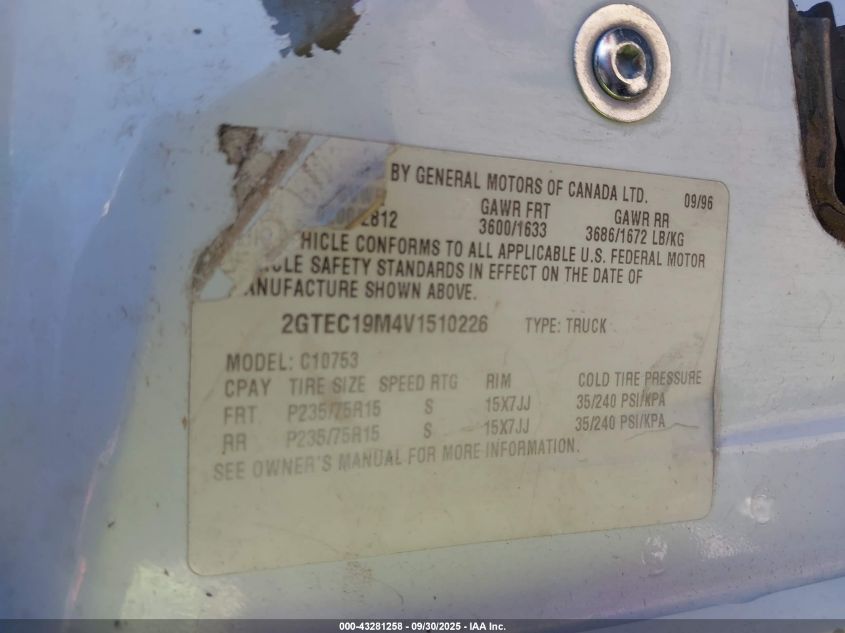 1997 GMC Sierra 1500 Sl Wideside VIN: 2GTEC19M4V1510226 Lot: 43281258