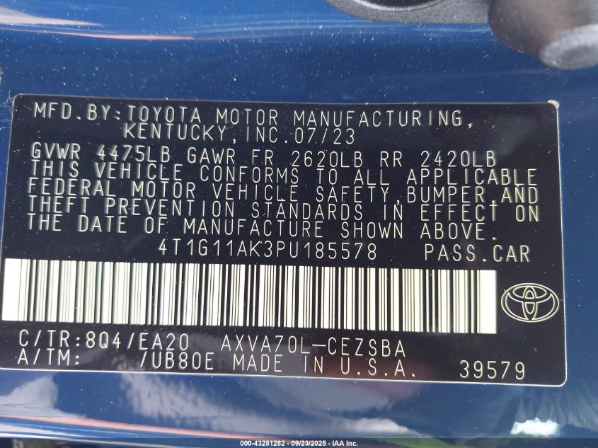 2023 Toyota Camry Se VIN: 4T1G11AK3PU185578 Lot: 43281282