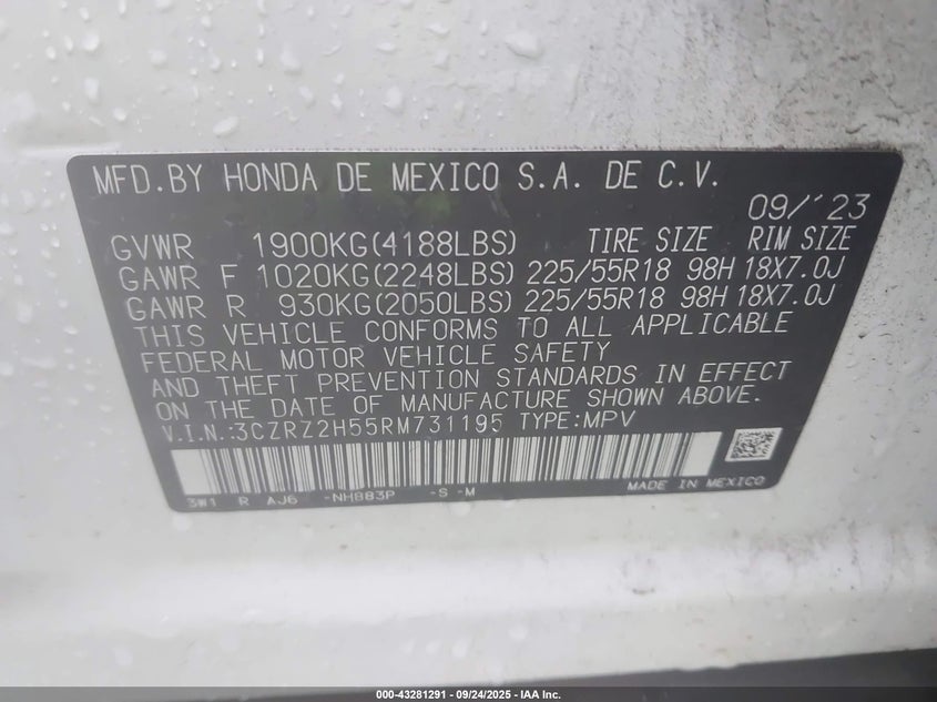 2024 HONDA HR-V AWD SPORT/AWD SPORT W/O BSI - 3CZRZ2H55RM731195