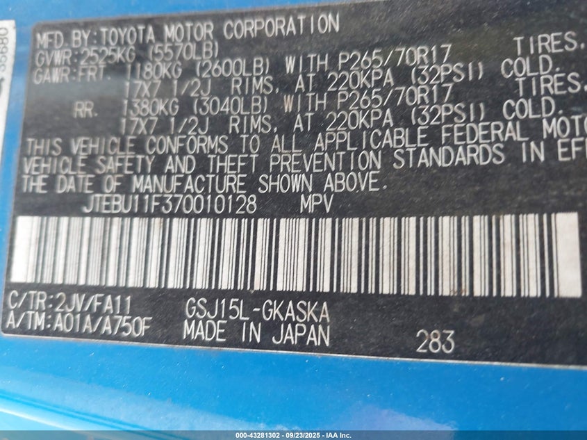 2007 Toyota Fj Cruiser VIN: JTEBU11F370010128 Lot: 43281302