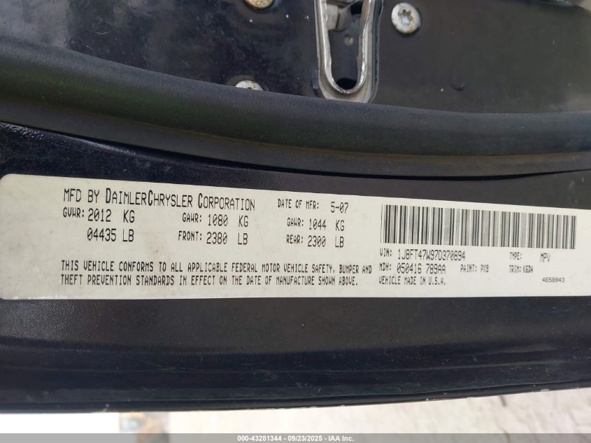 2007 Jeep Compass Sport VIN: 1J8FT47W97D370894 Lot: 43281344