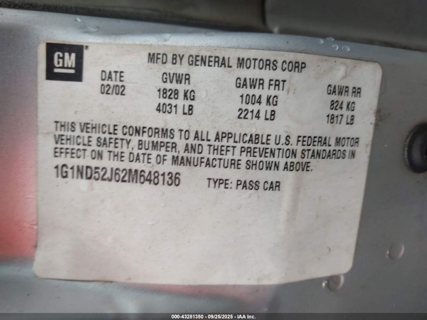 2002 Chevrolet Malibu VIN: 1G1ND52J62M648136 Lot: 43281350