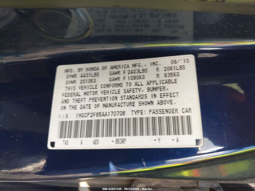 2010 Honda Accord 2.4 Ex-L VIN: 1HGCP2F85AA170708 Lot: 43281349