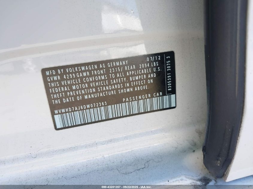 2013 Volkswagen Gti 4-Door VIN: WVWHD7AJ6DW072363 Lot: 43281357