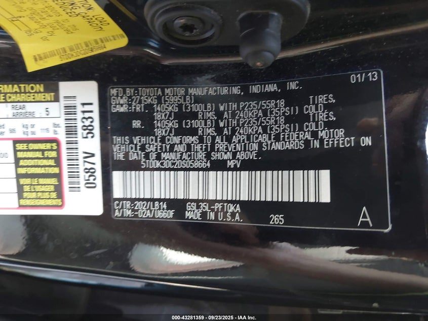 2013 Toyota Sienna Xle 7 Passenger VIN: 5TDDK3DC2DS058664 Lot: 43281359