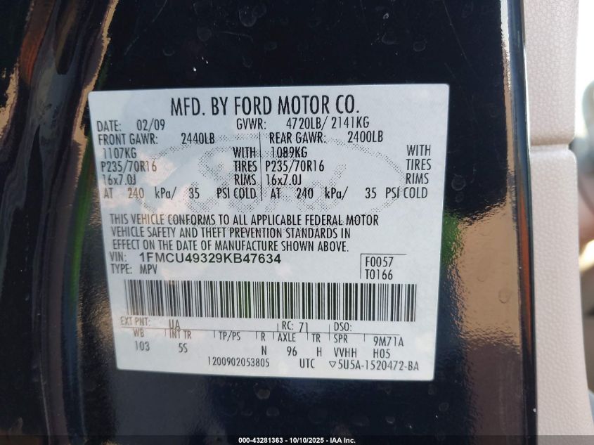 2009 Ford Escape Hybrid Limited VIN: 1FMCU49329KB47634 Lot: 43281363