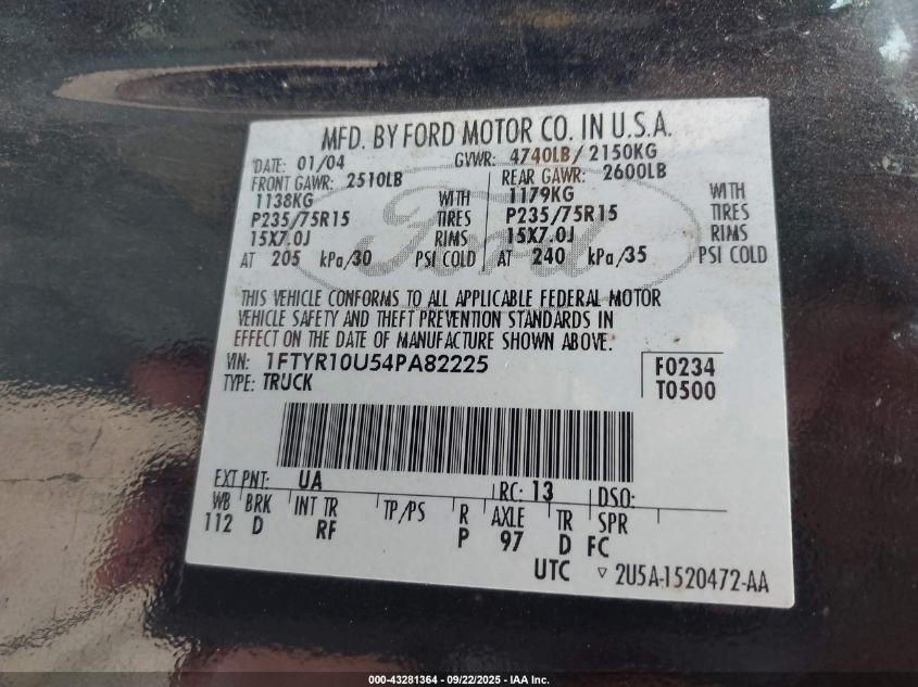 2004 Ford Ranger Edge/Xl/Xlt VIN: 1FTYR10U54PA82225 Lot: 43281364