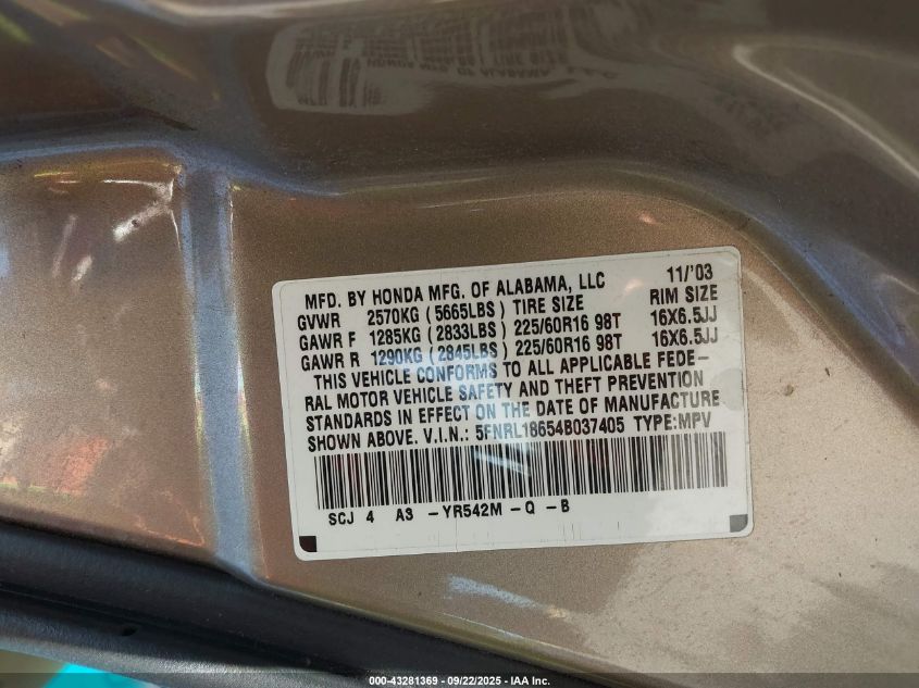 2004 Honda Odyssey Ex VIN: 5FNRL18654B037405 Lot: 43281369