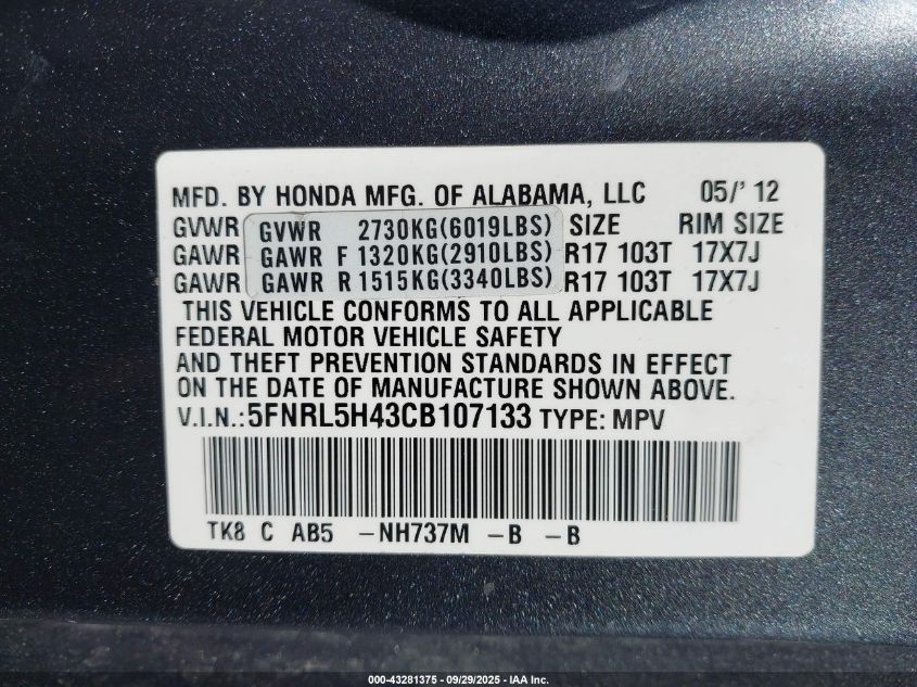 2012 Honda Odyssey Ex VIN: 5FNRL5H43CB107133 Lot: 43281375
